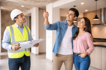 Pareja evaluando la calidad de construcción e infraestructura de un departamento nuevo antes de comprar en Perú