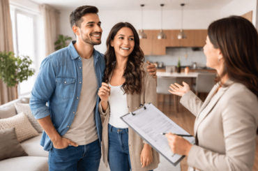 Pareja visitando un departamento moderno junto a una asesora inmobiliaria, evaluando espacios y detalles antes de decidir la compra de su nuevo hogar en Perú.