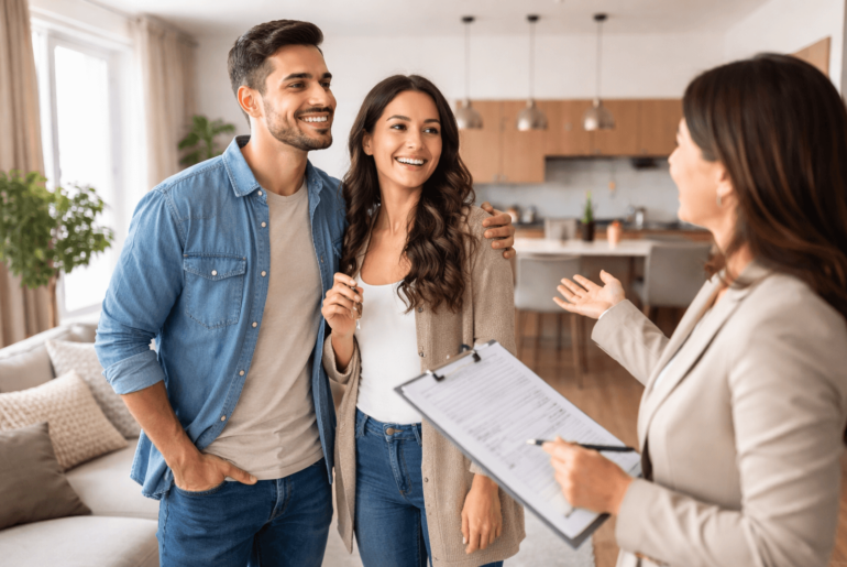 Pareja visitando un departamento moderno junto a una asesora inmobiliaria, evaluando espacios y detalles antes de decidir la compra de su nuevo hogar en Perú.
