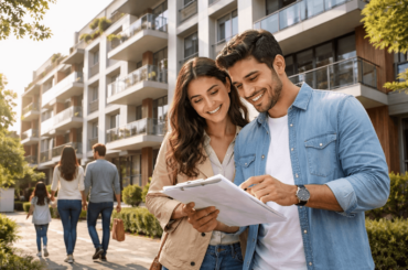 Pareja evaluando la compra de un departamento nuevo frente a un edificio residencial moderno en Perú, analizando una decisión inmobiliaria en 2026.