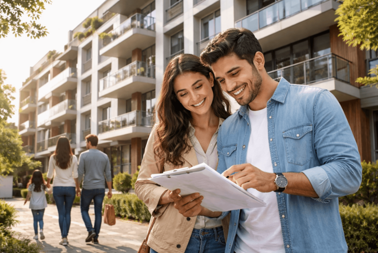Pareja evaluando la compra de un departamento nuevo frente a un edificio residencial moderno en Perú, analizando una decisión inmobiliaria en 2026.