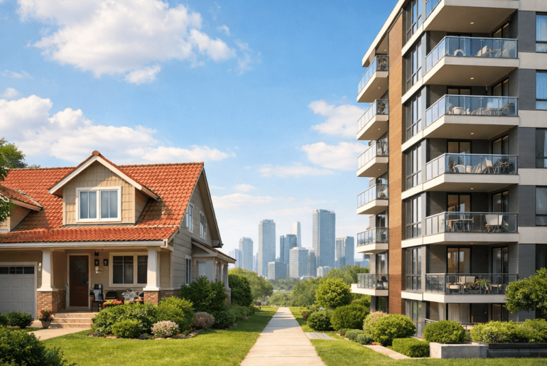 Casa tradicional y edificio moderno de departamentos frente a frente, representando la decisión entre comprar casa o departamento en una ciudad del Perú.