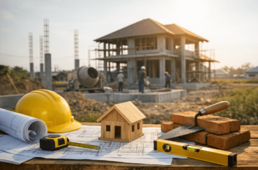 Construcción de vivienda en lote propio con planos, casco de seguridad y herramientas en primer plano, y casa en proceso de obra al fondo en Perú.