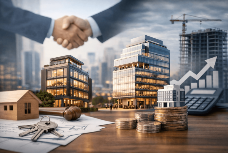 Inversión inmobiliaria en oficinas: edificios corporativos modernos, monedas apiladas y llaves sobre planos arquitectónicos, simbolizando la compra y adquisición de una oficina propia en Lima.