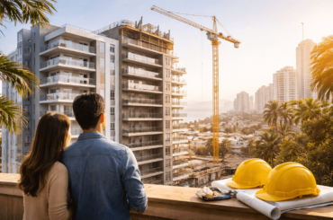 Edificio residencial moderno en construcción en Lima, con estructura de concreto armado y grúa, mientras una pareja observa el proyecto desde una terraza, representando la compra de un departamento nuevo seguro y antisísmico en Perú.