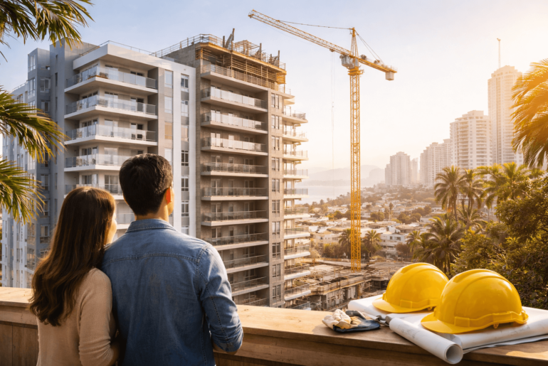 Edificio residencial moderno en construcción en Lima, con estructura de concreto armado y grúa, mientras una pareja observa el proyecto desde una terraza, representando la compra de un departamento nuevo seguro y antisísmico en Perú.