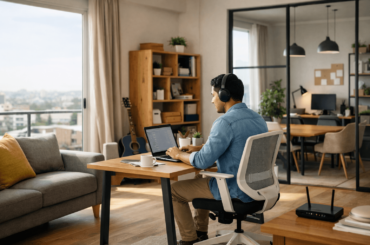 Hombre trabajando desde un departamento moderno con espacio home office, buena iluminación natural y conexión a internet estable ideal para teletrabajo en Lima.