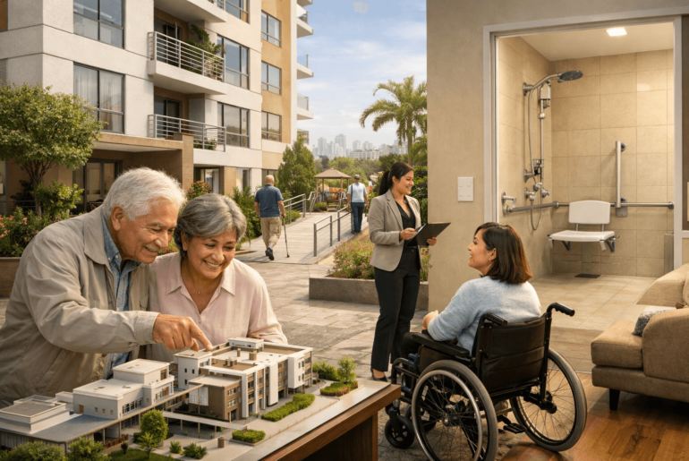 Departamento accesible e inclusivo en Perú con rampas, ascensor amplio y baño adaptado para personas con discapacidad y adultos mayores. departamentos-accesibles-e-inclusivos
