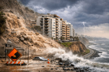 Departamento moderno en zona urbana del Perú con cielo nublado y río crecido al fondo, representando riesgos de inundaciones y evaluación climática antes de invertir en una propiedad.