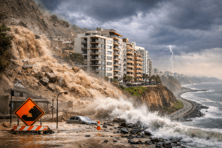 Departamento moderno en zona urbana del Perú con cielo nublado y río crecido al fondo, representando riesgos de inundaciones y evaluación climática antes de invertir en una propiedad.