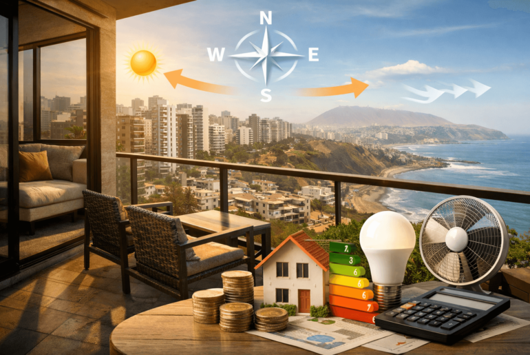Balcón de departamento en Lima con vista al mar y edificios, luz solar entrando por la mañana y elementos que representan eficiencia energética y ahorro en electricidad. orientación-ubicación-departamento
