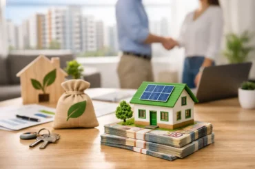 Pareja concretando la compra de un departamento con modelo de vivienda ecoeficiente sobre dinero, representando beneficios y bonos como el Bono MiVivienda Verde en Perú