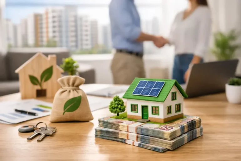 Pareja concretando la compra de un departamento con modelo de vivienda ecoeficiente sobre dinero, representando beneficios y bonos como el Bono MiVivienda Verde en Perú