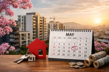 Departamento moderno con vista a la ciudad, llaves sobre planos y dinero, representando la compra del primer departamento con bonos y financiamiento en Perú 2026