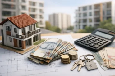 Modelo de departamento con planos, dinero en soles, calculadora y llaves representando el uso de la gratificación para la compra de vivienda en Perú