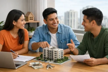 Tres personas jóvenes analizando la compra de un departamento en conjunto, revisando documentos y una maqueta inmobiliaria en un ambiente moderno y bien iluminado. copropiedad