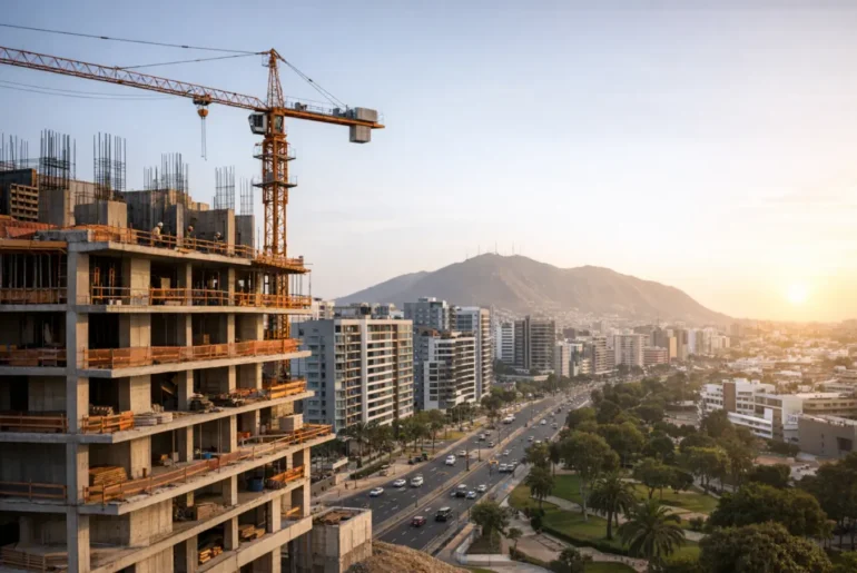 Edificio en construcción con grúa frente a una zona urbana moderna en Lima, con avenidas, áreas verdes y departamentos terminados al atardecer.