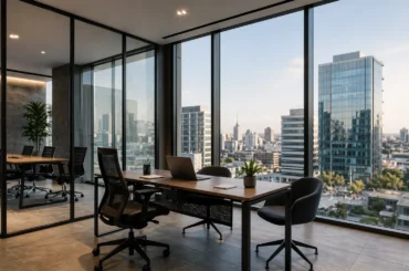 Oficina moderna en Lima con vista panorámica a la ciudad, amplios ventanales, mobiliario contemporáneo y espacios de trabajo iluminados naturalmente. oficinas
