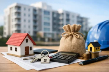 Elementos asociados a la compra de un departamento en Perú, como maqueta de vivienda, llaves, calculadora y dinero, con edificio moderno de fondo que representa inversión inmobiliaria y protección del hogar.