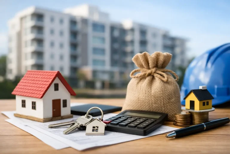 Elementos asociados a la compra de un departamento en Perú, como maqueta de vivienda, llaves, calculadora y dinero, con edificio moderno de fondo que representa inversión inmobiliaria y protección del hogar.