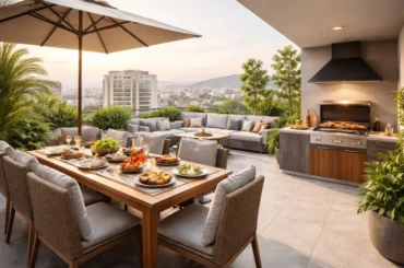 Terraza moderna en azotea de edificio con zona de parrilla, comedor al aire libre y sala lounge, con vista urbana al atardecer ideal para reuniones y momentos de descanso.
