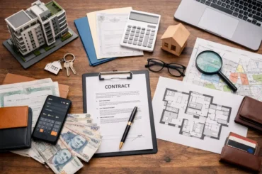 Documentos, planos y elementos financieros sobre una mesa junto a una maqueta de edificio y llaves, representando los trámites necesarios para comprar un departamento en Perú.