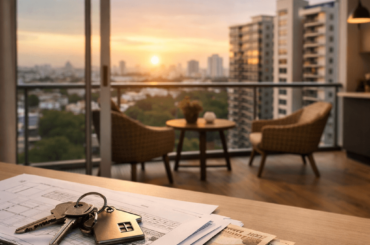 Departamento moderno con vista a la ciudad, llaves sobre planos y dinero, representando la compra del primer departamento con bonos y financiamiento en Perú 2026