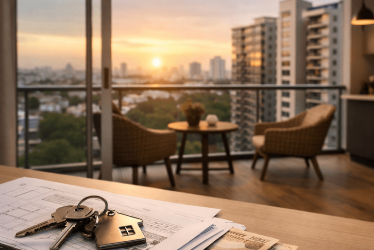 Departamento moderno con vista a la ciudad, llaves sobre planos y dinero, representando la compra del primer departamento con bonos y financiamiento en Perú 2026