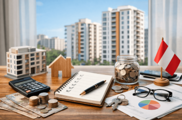 Planificación financiera para comprar departamento en Perú con checklist, ahorro en dinero, calculadora y edificios modernos al fondo abril