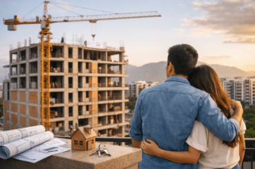 Pareja observando edificio en construcción desde un balcón, evaluando la compra de un departamento en preventa en Lima abril