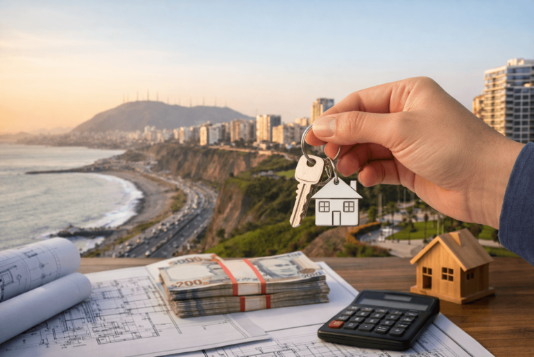 Persona sosteniendo llaves de nuevo departamento con vista a la costa de Lima, junto a dinero, planos y calculadora, representando la planificación financiera para comprar vivienda en 2026.