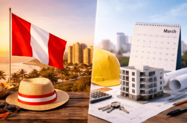 Comparación visual entre temporada de Fiestas Patrias y planificación inmobiliaria en abril para comprar un departamento en Perú