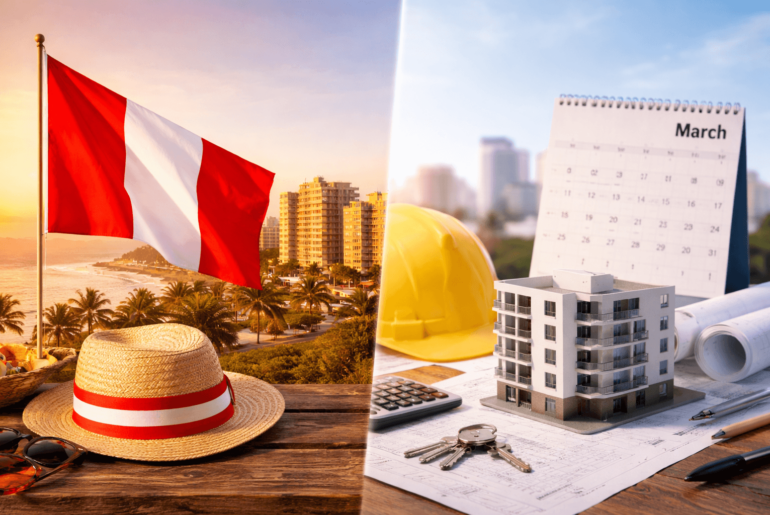 Comparación visual entre temporada de Fiestas Patrias y planificación inmobiliaria en abril para comprar un departamento en Perú