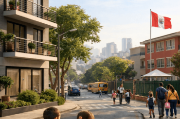 Niños caminando hacia un colegio cerca de un moderno edificio de departamentos en una zona urbana de Lima, reflejando la importancia de vivir cerca de escuelas.