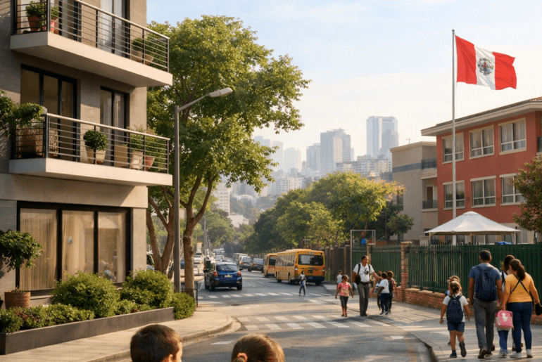 Niños caminando hacia un colegio cerca de un moderno edificio de departamentos en una zona urbana de Lima, reflejando la importancia de vivir cerca de escuelas.