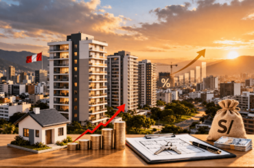 Análisis financiero para compra de departamento en Perú con gráfico de crecimiento, maqueta inmobiliaria y contexto de inflación en 2026