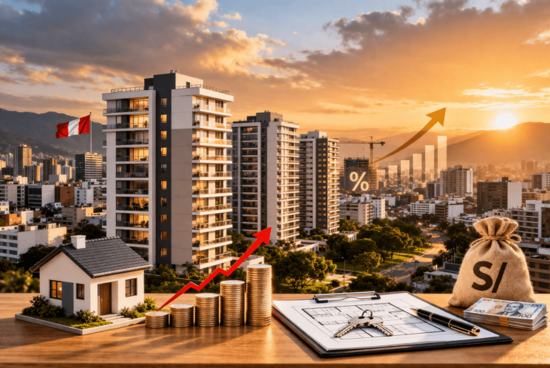 Análisis financiero para compra de departamento en Perú con gráfico de crecimiento, maqueta inmobiliaria y contexto de inflación en 2026