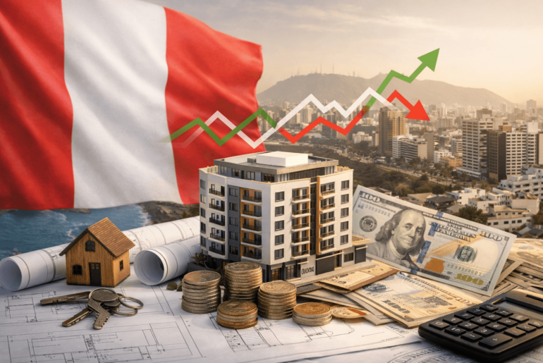 Departamento moderno en Lima junto a monedas y dólares con gráfico económico en alza, representando el impacto del tipo de cambio en la compra de vivienda en Perú.