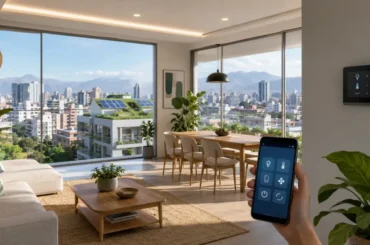 Departamento sostenible con tecnología inteligente, luz natural, plantas y vista urbana en Lima.