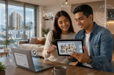 Pareja usando tecnología para la digitalización del sector inmobiliario