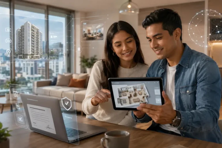Pareja usando tecnología para la digitalización del sector inmobiliario