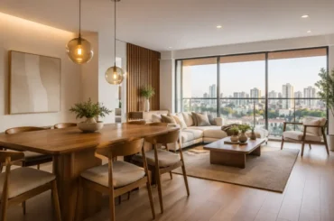 Sala comedor moderna de un departamento boutique con balcón y amplios ventanales.
