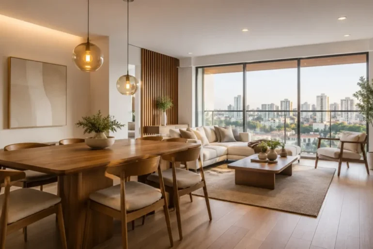 Sala comedor moderna de un departamento boutique con balcón y amplios ventanales.