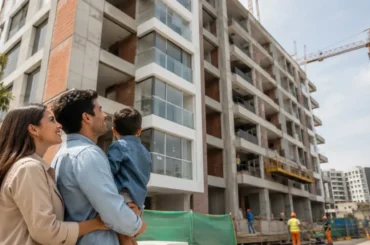 Familia observando departamentos en construcción en Lima