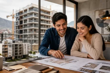 Pareja evaluando departamentos en planos