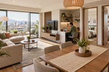 Familia en departamento de 3 dormitorios con espacio para teletrabajo.