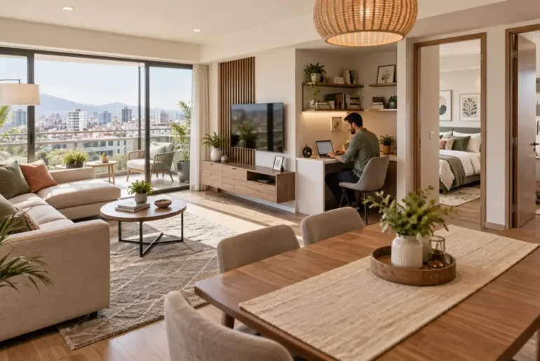 Familia en departamento de 3 dormitorios con espacio para teletrabajo.